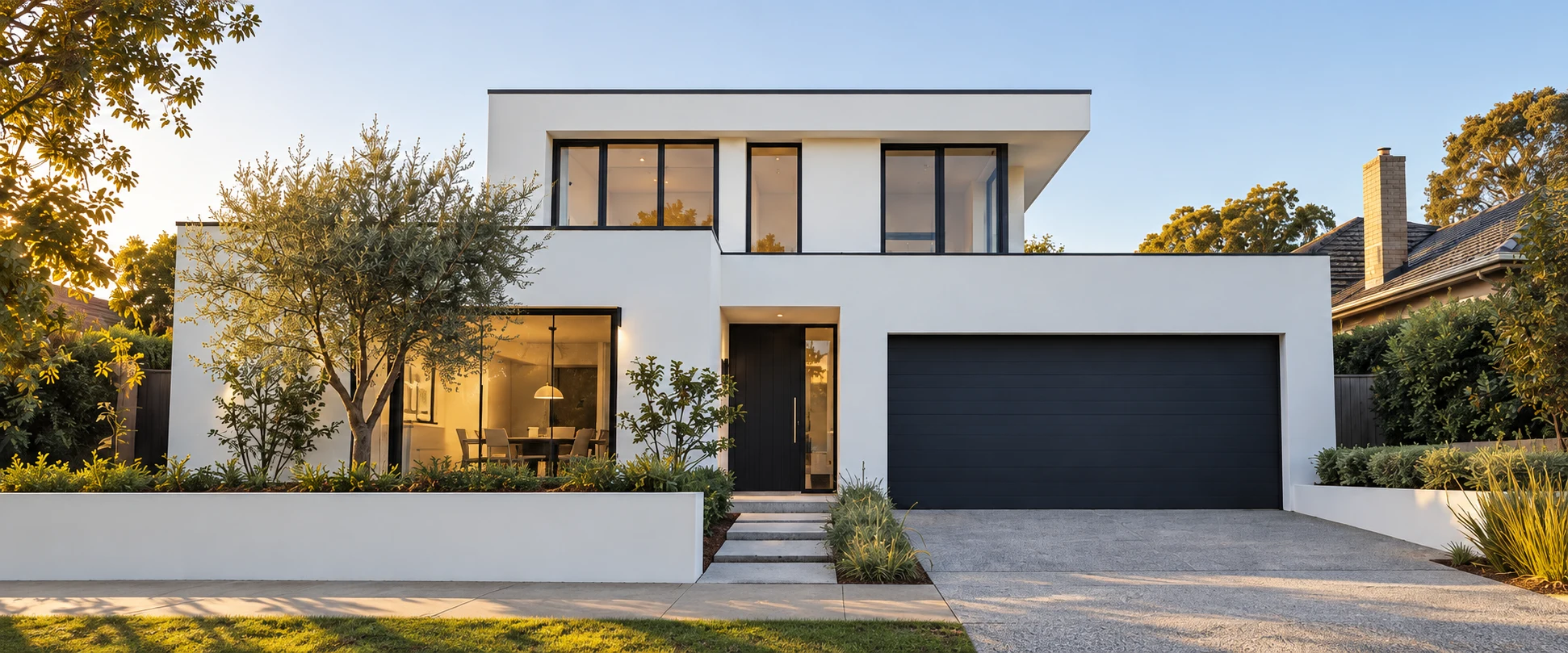Architectural concept of a freshly painted Melbourne home with white render and navy joinery
